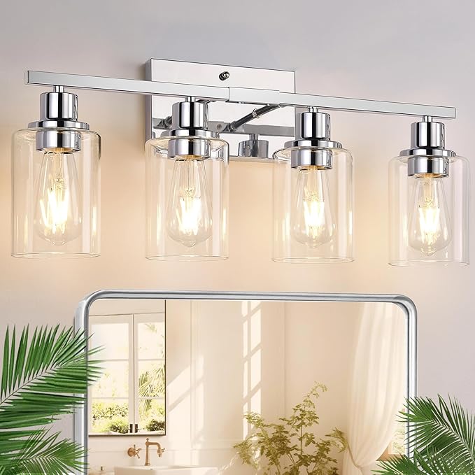 Indoi 4 Light Bathroom Light Fixtures, Chrome Vanity Lights with Clear Glass Shades, Modern Bathroom Light Fixtures Over Mirror, Modern Bathroom Wall Lamp for Mirror Living Room Cabinet
