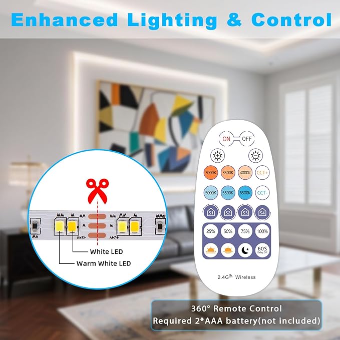 White LED Strip Lights 3000K-6500K 100ft Dimmable, Smart Strip Light Alexa Compatible, 24V WiFi Flexible Tape LED with APP & RF Remote, Cabinet Lighting Self-Adhesive for Room, Kitchen