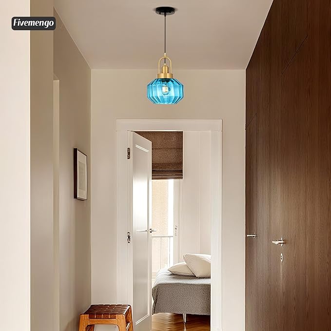 9in Mid Century Modern Blue Glass Pendant Light Fixture, Small Gold Kitchen Island Pendants Light Glass Ceiling Hanging Lamp for Foyer Dining Room Bedroom Entryway Hallway Over Sink