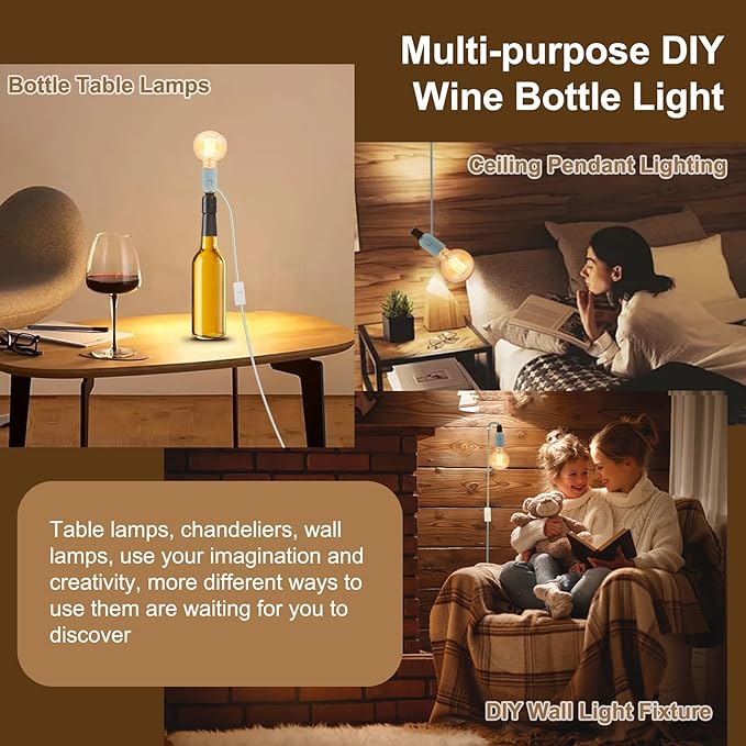 2 Pack Bottle Lamp Kits, 240cm Wine Bottle Table Lamp, DIY Lamp Fittings Kit for Table Lamp with E26/E27 to B22 Converter 3 Sizes of Corks No Drilling (No Bulb)