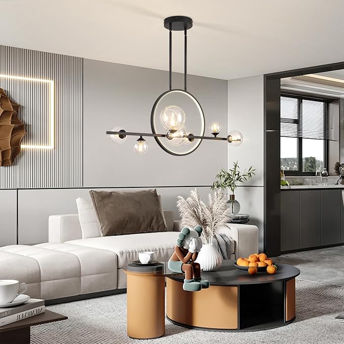 KELUOLY Modern 7 Light Dining Room Chandelier, 37.4" Black Dimmable Mid Century Linear Pendant Lights with Globe Glass Shade, Minimalist Island Light for Dining Room, Office, Kitchen
