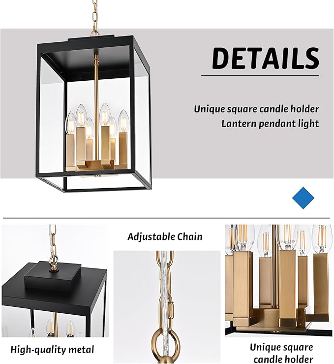 MELUCEE Large Outdoor Pendant Light Fixtures 6-Light Hanging Porch Lights Ceiling Mount 16'' Lantern Pendant Lights Black Brass Outside Chandelier with Clear Glass for Porch Patio Gazebo Entrance