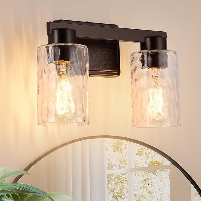 2-Light Bathroom Light Fixtures Modern Oil Rubbed Bronze Vanity Lights with Water Ripple Glass Wall Sconces Over Mirror for Bathroom, Powder Room, Living Room