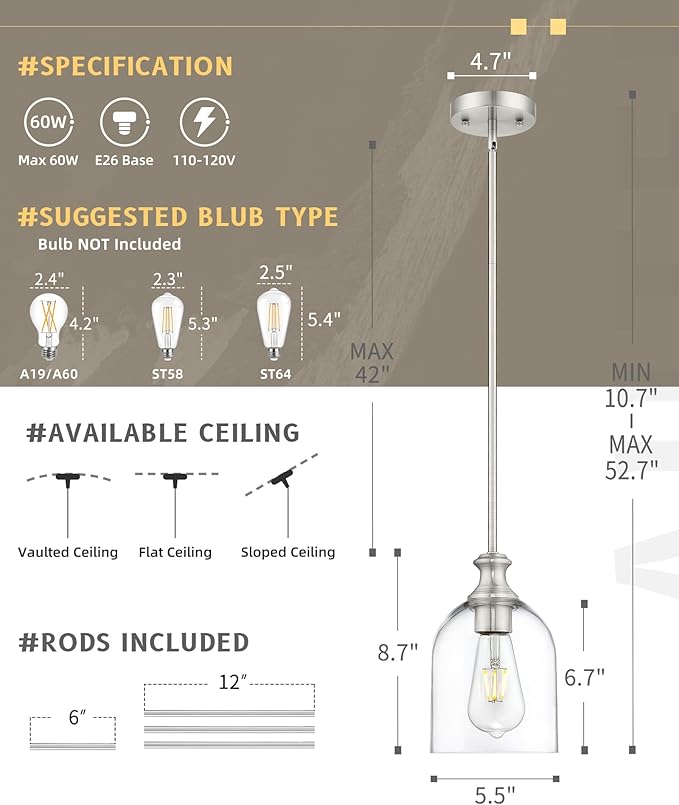 AUTELO Brushed Nickel Pendant Lights, 1-Light Kitchen Pendant Lighting with Clear Cylinder Glass, Modern Pendant Lights Kitchen Island with Adjustable Rods, H2511 CLST