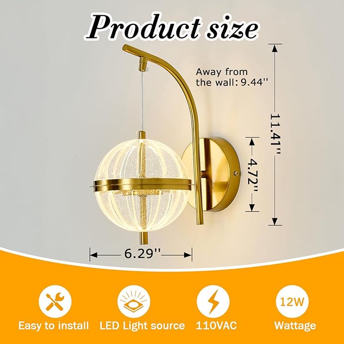 UOFUS Gold Wall Sconce with Globe Acrylic Shade Mid Century Modern LED Wall Light Fixture 12W 3000K/4000K/6000K Temperature Adjustable Super Bright Bathroom Vanity Light for Bedroom Hallway