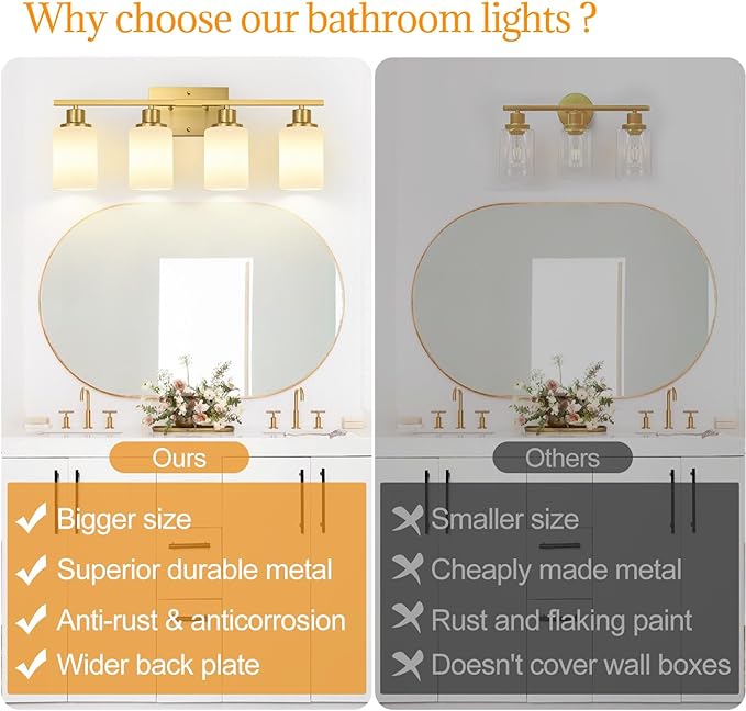 Indoi 4-Light Bathroom Light Fixtures, Brushed Gold Vanity Lights with Milk Glass Shades, Modern Bathroom Wall Lamp for Mirror Living Room Bedroom Porch