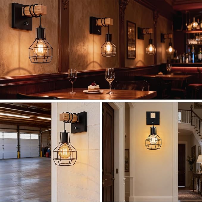 Black Wall Sconces with Dimmer ON/Off Switch, Cage Wall Mount Light Fixture Industrial Farmhouse Lighting for Living Room Kitchen, C71Y215