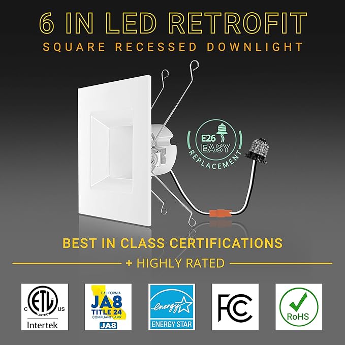 NUWATT 4 Pack, 6 Inch Retrofit LED Square Recessed Lighting, 5CCT 2700K/3000K/3500K/4000K/5000K Selectable, 1100 Lumens 14W, Dimmable 6" Square Downlight, 6 Inch Square Can Light, Wet Rated, ETL, T24