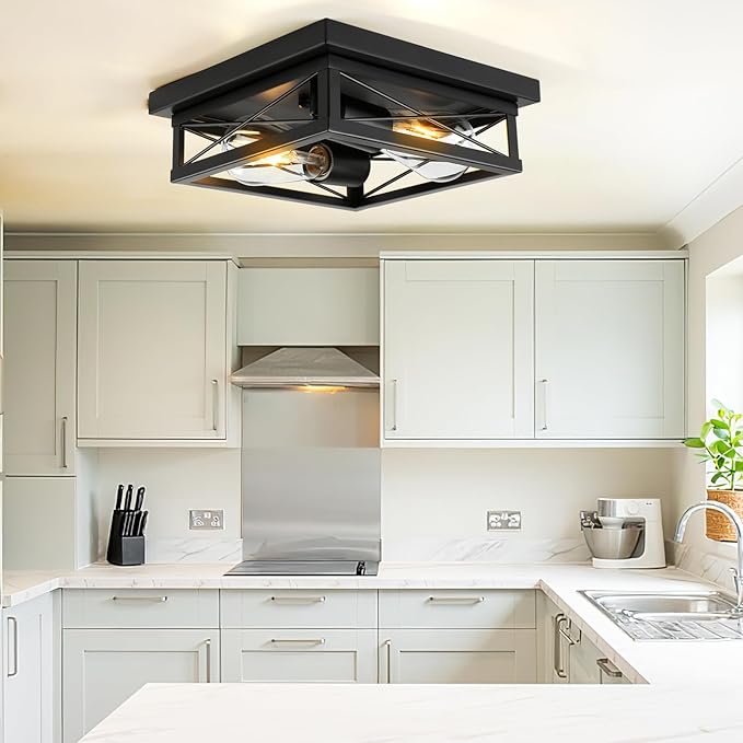 Black Flush Mount 2-Light Industrial Vintage Metal-Framed Ceiling Light for Hallway, Foyer, Kitchen, Bedroom, Living Room, Laundry (E26 Base)