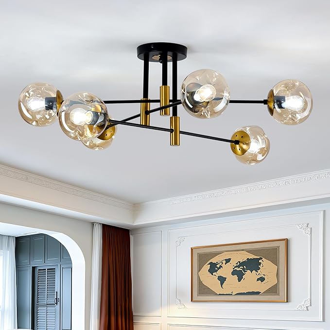 SZXYKEJI 6-Lights Sputnik Ceiling Light Fixture Mid Century Modern Glass Globe Flush Mount Chandelier Black and Gold Farmhouse Lighting for Living Room Dining Room Bedroom Kitchen