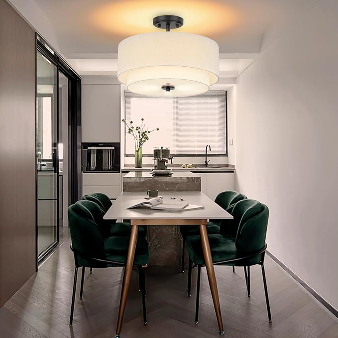 3-Light Semi Flush Mount Ceiling Light, 16" Drum Light with White Fabric Shade, Modern Close to Ceiling Lamp for Living Room Bedroom Dining Kitchen Hallway Entry (Matte Black)