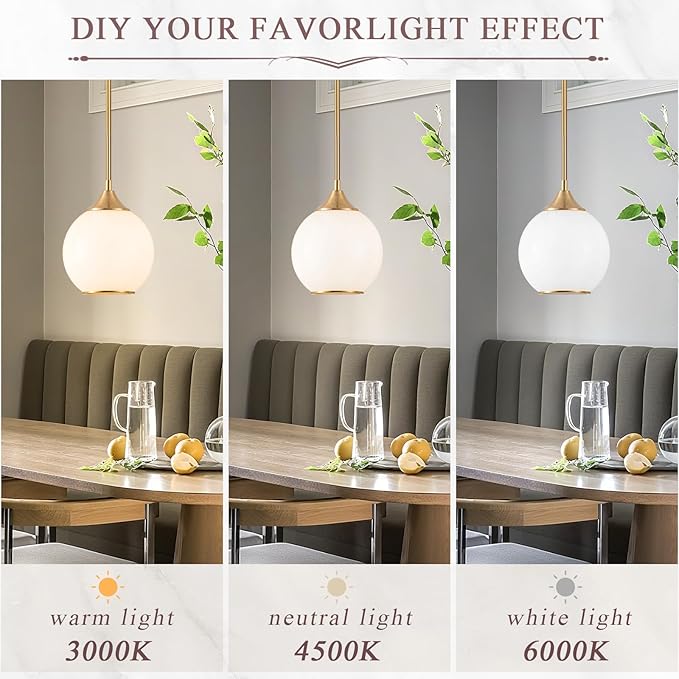 Pendant Lights Kitchen Island,Farmhouse Pendant Light with Milky Glass Globe Shade,6.29" Glass Pendant Light for Brushed Bronze Finish Farmhouse Entryway Dining Room Kitchen Island 1 Light