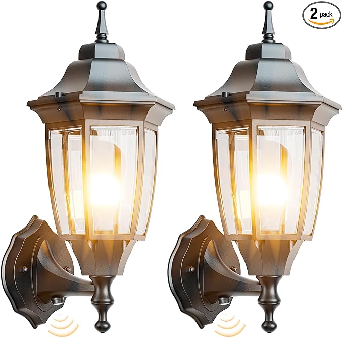 EMART Dusk to Dawn Outdoor Porch Light, Exterior Anti-Corrosion, Waterproof Aluminum & Glass Shades Wall Lamp Fixture, Modern Sconce Lantern for Yard, House, Garage - 2 Pack, Black （Bulb Included）