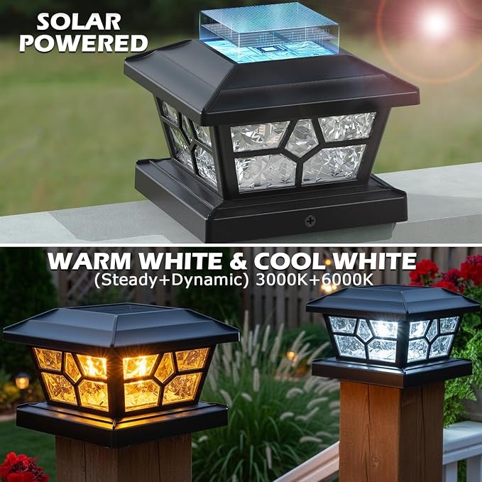 SIEDiNLAR Solar Post Lights Outdoor 1 Pack 4 Modes 40 LEDs Deck Fence Post Cap Light for 4x4 5x5 6x6 Wooden/Vinyl Posts Patio Decor, Warm/White Dynamic Lighting (Black)