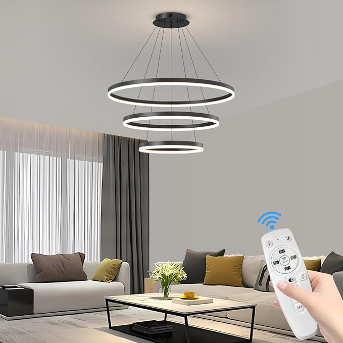 Black LED Modern Chandelier, 3 Ring Circular Dimmable Pendant Light for Kitchen Island, Living Room, Adjustable 3000K-6500K Ceiling Lamp, Above Dining Room Table Hanging Lights for Entryway Foyer