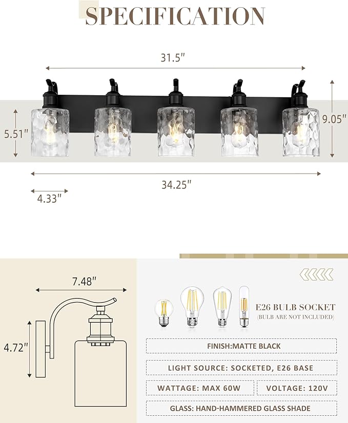 Bathroom Vanity Light Fixtures 5-Light Hammered Glass Modern Wall Mounted Over Mirror Black - VL01BKH-5