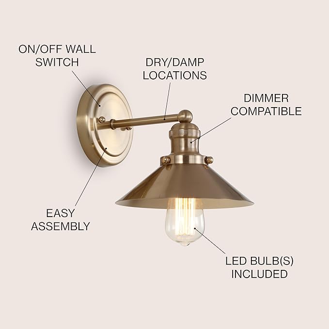 JONATHAN Y 7.8" Brass Gold 1-Light Industrial Farmhouse Metal Vanity Light Wall Sconce, Metal Shade for Bathroom Mirror, Kitchen, Entryway, LED Bulb Included (JYL7429A)