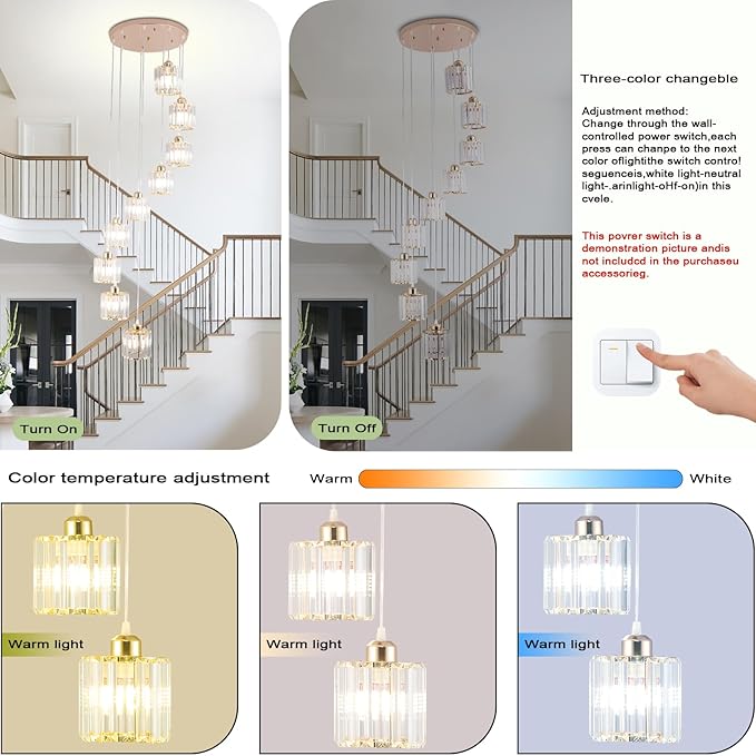 High Ceilings Long Chandeliers Modern Crystal Pendant Light Raindrop Drop Lamp Hanging Chandeliers Flush Mount Lighting Fixtures for Staircase Foyer Entryway Gold 9 Lights