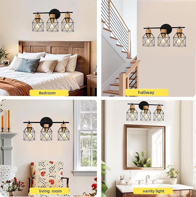 Farmhouse Bathroom Vanity Light Fixtures,3-Light Bathroom Light Fixtures,Sconces Wall Lighting Over Mirror, Black Vanity Lights with Metal Lampshade,Vintage Wall Light for Bedroom Hallway