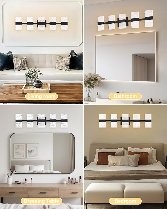 Black LED 3000K Bathroom Light Fixture, Modern 5-Lights Vanity Lighting with Smoke Acrylic Shades, Wall Lamp Over Mirror for Kitchen Bedroom Dress Table (Integrated Led Chips Included)