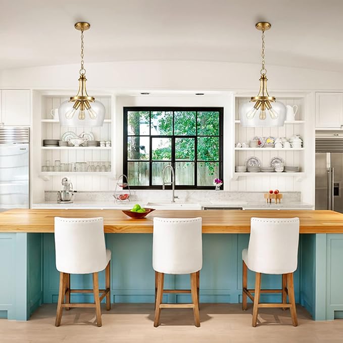 Modern Gold Pendant Lights Mid Century 3-Light Clear Glass Pendant Lighting with Adjustable Chain Hardwired Brass Glass Chandelier for Kitchen Island Dining Room