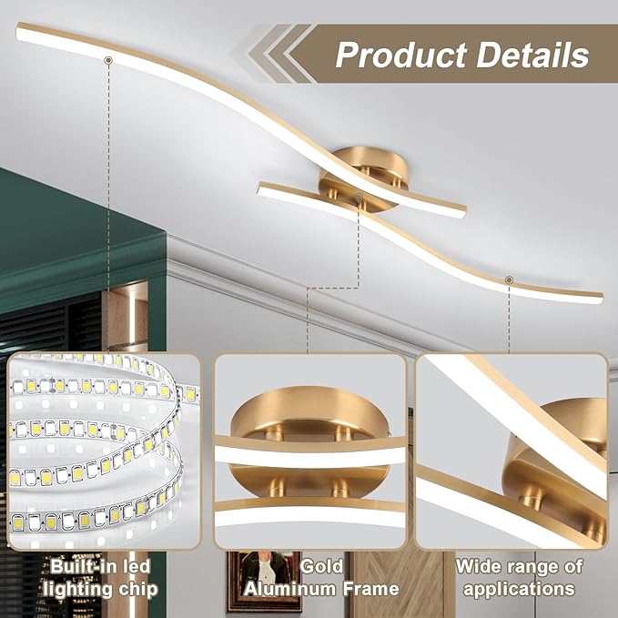 28W Gold Linear Ceiling Light Gold Modern LED Ceiling Light Fixture 6000K Aluminum 39.37Inch Long Ceiling Lamp for Hallway, Kitchen, Bedroom, Dining Room