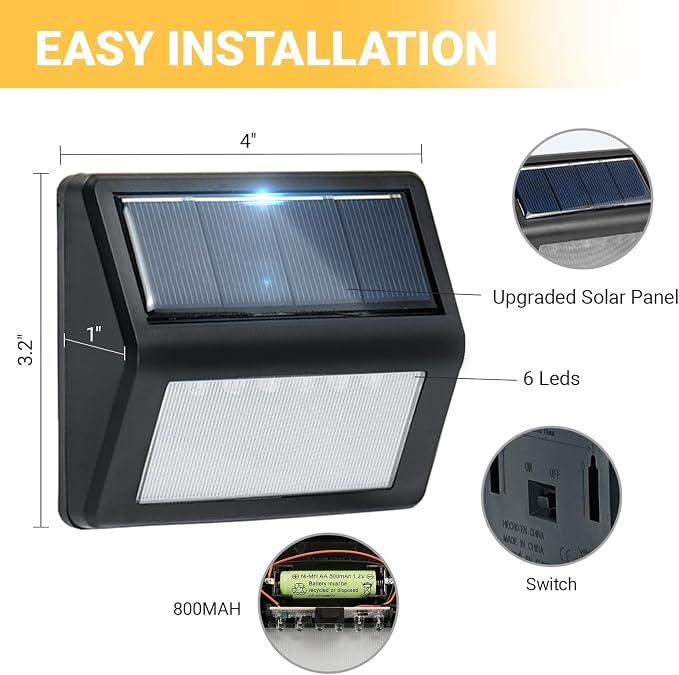 Bright Solar Fence Lights, 6 Pack Outdoor Step Lights, IP65 Waterproof, 3000K Warm-White, Dusk to Dawn Outdoor Lighting with 6 LED for Wall, Garage, Patio, Exterior, Porch