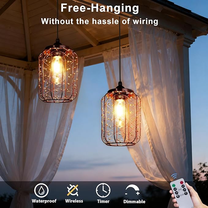 Battery Operated Hanging Outdoor Chandelier, Battery Pendant Light 4 AA Battery-Powered for Gazebo, Pergola, Porch, Patio, Outdoor Decor Lighting