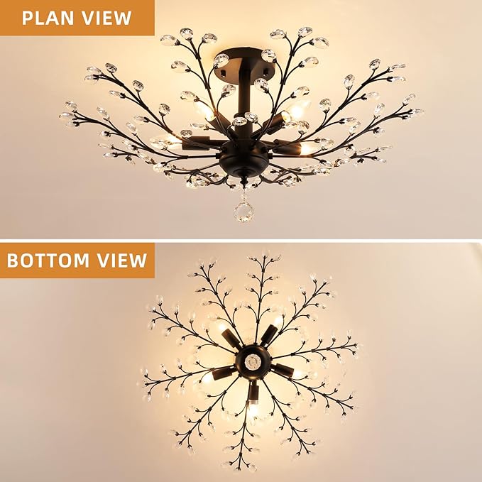 Modern 5 Light Small Crystal Chandelier 30 Inch Black Semi Flush Mount Ceiling Light Fixture for Kitchen Dining Room Bedroom Entryway Living Room Hallway, E12