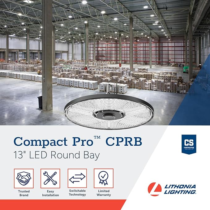 Lithonia Lighting Compact Pro Round LED High Bay Light, Ceiling Lighting Fixture, Adjustable 12000/15000/18000 Lumens, Selectable 4000K/5000K, UVOLT 120–347V, Black (CPRB ALO13 UVOLT SWW9 80CRI DBL)