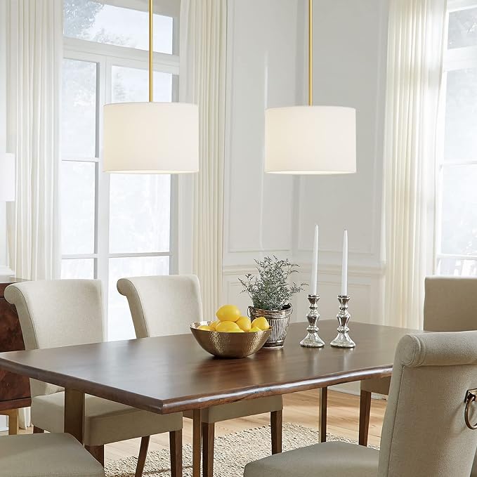 Electro bp;9" Dia White Linen Drum Shade Hanging Pendant Light Fixture with Polished Gold Pole Kit,E26,Hardwired,2-Pack;