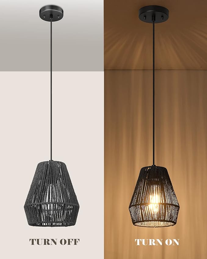 ELYONA Modern Woven Pendant Light Fixtures, 7" Farmhouse Coastal Hanging Lamp, Matte Black Handwoven Rattan Basket Shade, Boho Pendant Light for Kitchen Island Bar,Dining Room, Bedroom,Hallway 3 Pack