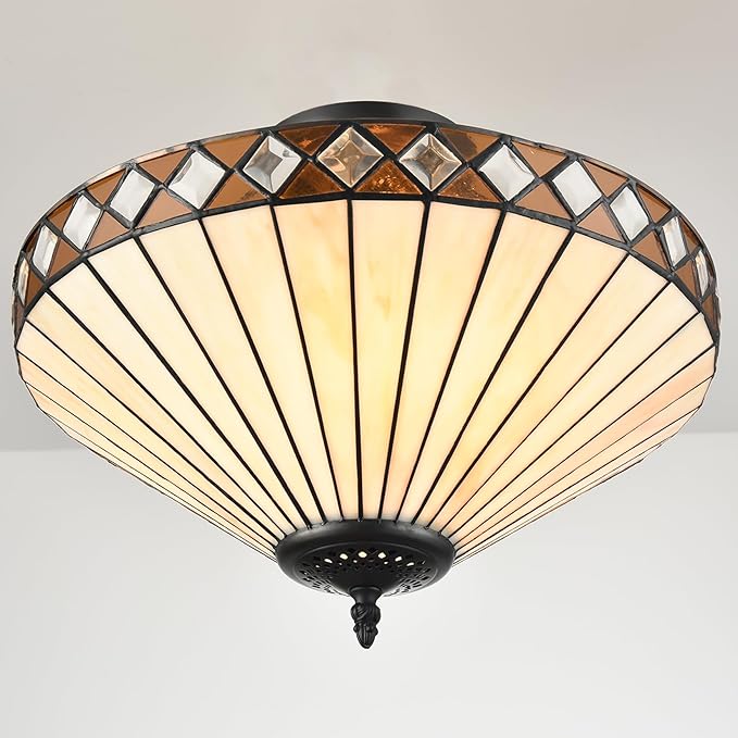 16.6-Inch Tiffany Style Semi Flush Mount Ceiling Light Vintage 3-Light Tiffany Ceiling Light Fixture Stained Glass Flush Mount Ceiling Light for Living Room Bedroom Hallway Staircase Foyer