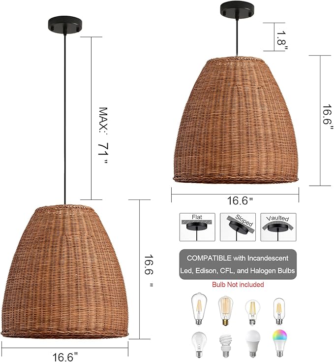 Farmhouse Rattan Chandelier 16.6" 3-Lights Boho Hand Woven Pendant Lights Wicker Dining Room Light Coastal Hanging Lighting Fixtures for Living Room Bedroom Kitchen Sink Restaurant Entryway Foyer