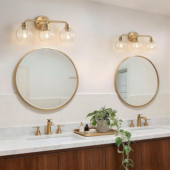 Bathroom Light Fixtures Gold Vanity Light 3 Light Wall Sconces Lighting Brushed Brass Lights with Clear Globe Glass Shades Bath Wall Lamp for Mirror Kitchen Living Room Bedroom Hallway