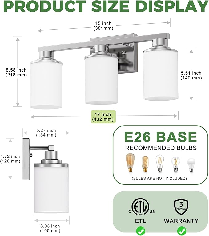 DORESshop 17 Inch Bathroom Light Fixtures, 3-Light Nickel Bathroom Lighting Fixtures Over Mirror with Milk Glass Shade, Vanity Lights for Living Room Bedroom