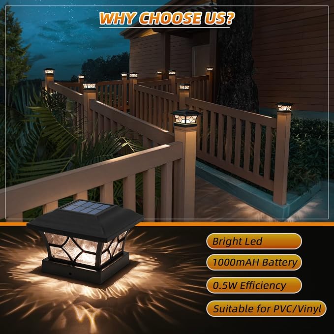APONUO 4x4 Solar Post Cap Lights 4 Pack - 6x6 Post Cap Solar Light, 2-Mode, IP64 Waterproof, Post Lights Solar Powered for 4x4 5x5 6x6 Wood/Vinyl Posts, Black