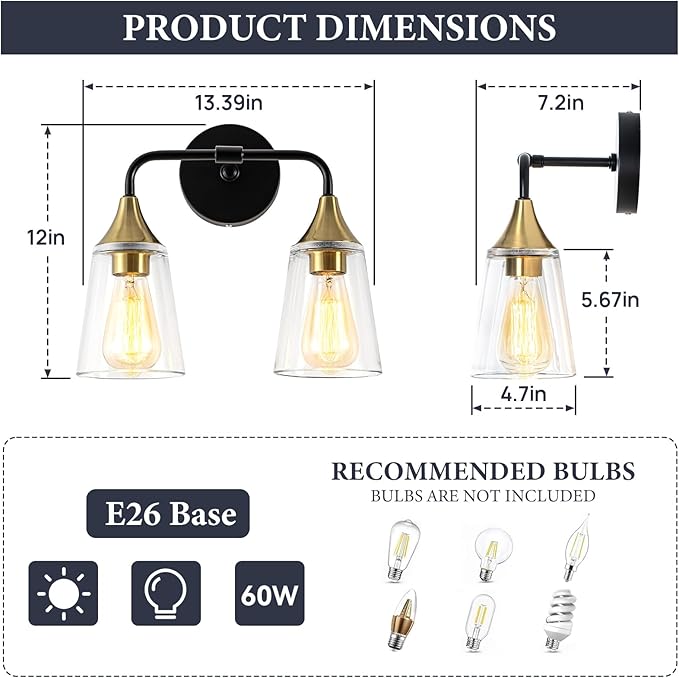 2-Light Bathroom Vanity Light, Black and Gold Bathroom Lighting Fixtures Over Mirror with Clear Glass Shades, Modern Hardwired Wall Sconce Light for Bedroom Hallway