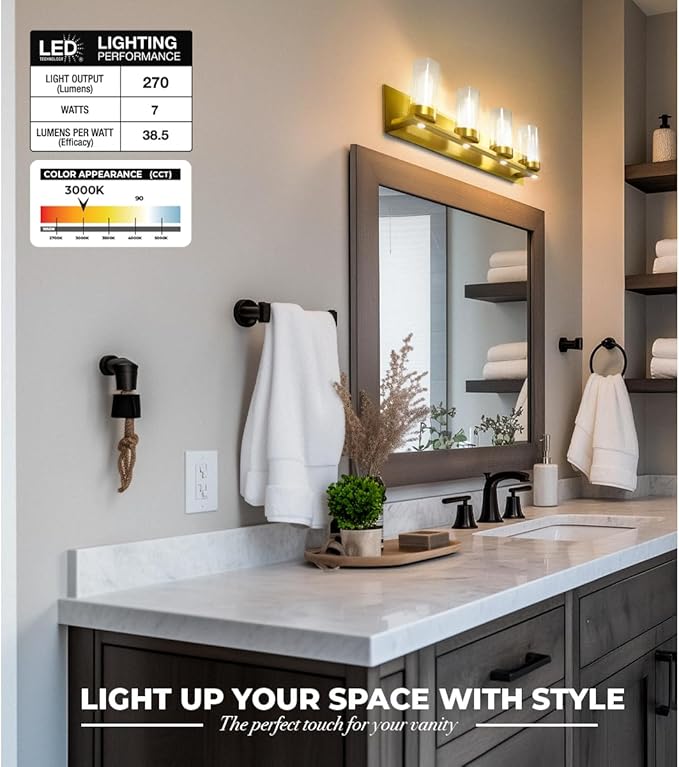 LYTIO 4-Light LED Vanity Bar Light – Modern Bathroom Wall Lamp to Install Over The Sink or Mirror - Includes LED Bulbs (Brass)