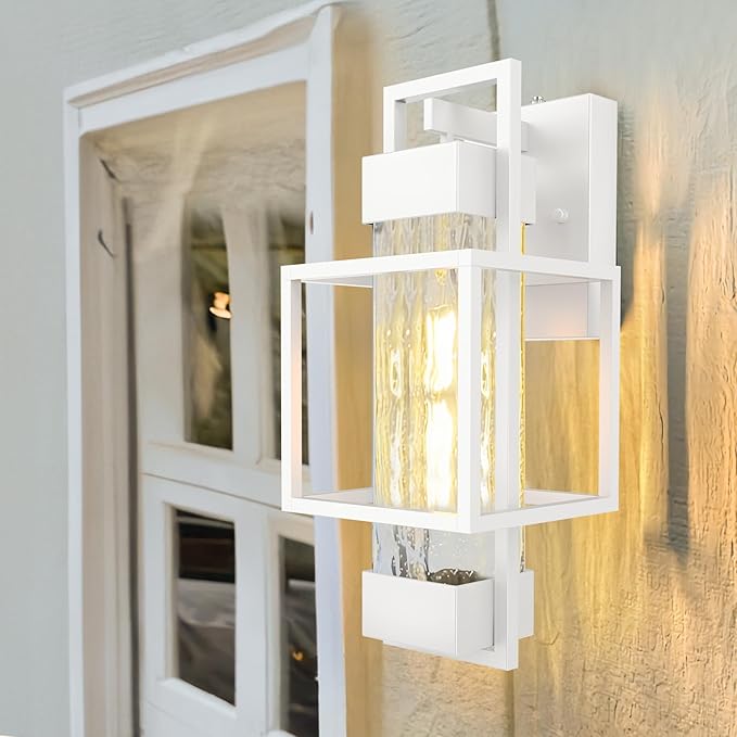 PARTPHONER Modern Outdoor Light Fixture Dusk to Dawn Outdoor Lighting, 15" H Exterior Wall Sconce Waterproof Porch Light, Outside Light for House with Water Glass for Garage Doorway, White