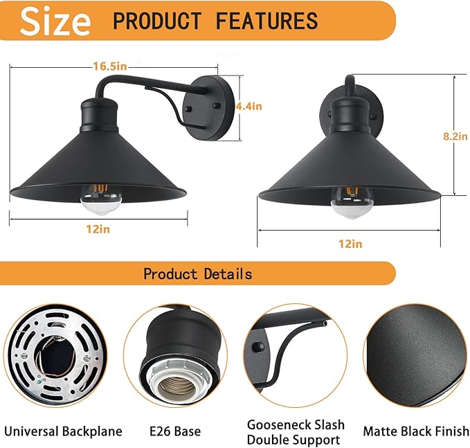 12in Matte Black Outdoor Wall Lights, Modern Farmhouse Porch Wall Light Fixtures Wall Mount, Exterior E26 Barn Lights for Garage Frontdoor Entryway Bathroom Doorway, 2-Pack