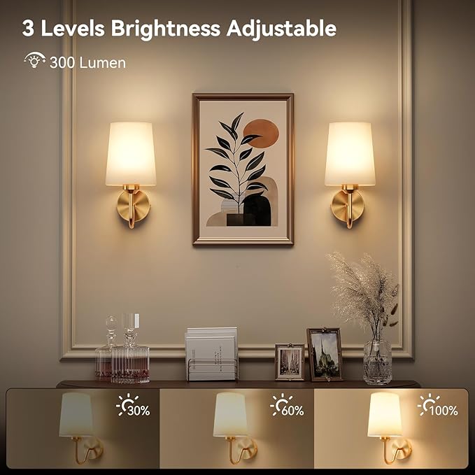 Ouyulong Battery Operated Wall Sconces Set of 2, Wireless Rechargeable Dimmable Wall Light with RGB Bulb and Remote for Bedroom, Living Room, Hallway (Gold)