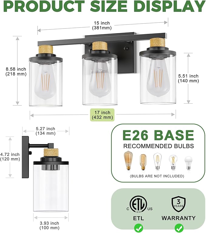DORESshop 17 Inch Bathroom Light Fixtures, 3-Light Black & Rope Bathroom Lighting Fixtures Over Mirror with Clear Glass Shade, Vanity Lights for Living Room Bedroom