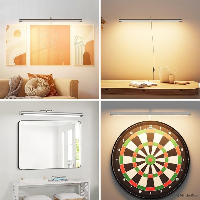9W Picture Light Plug in, 24" Adjustable LED Art Light with Remote Control, Dimmable Wall Light for Picture Display Dartboard Art Work (Nickel)