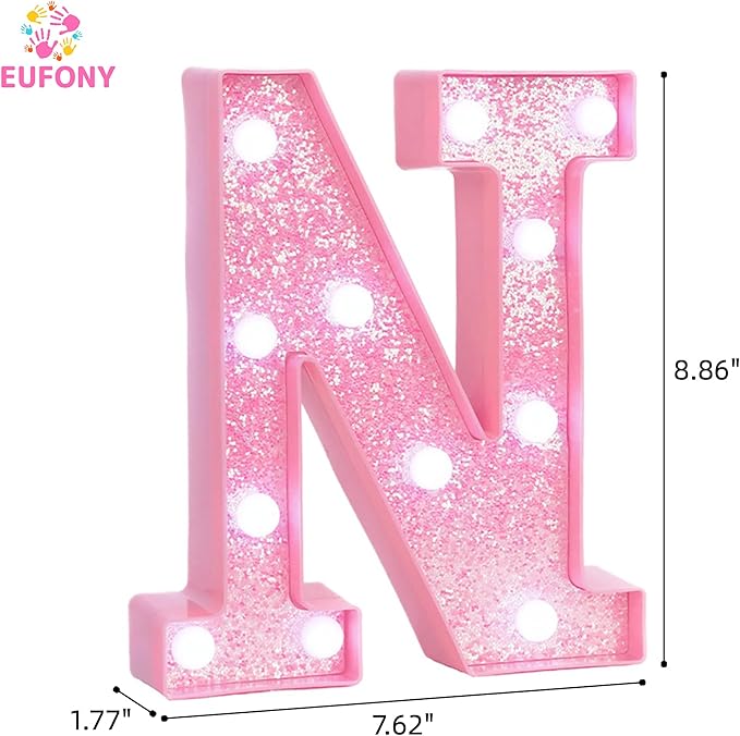 Pink Marquee Light Up Letters, Glitter Alphabet LED Letter Lights for Pink Birthday Party Decorations, Battery Operated Letter Sign for Girls Room Vanity Table Decor, Cool White Lights Letter N