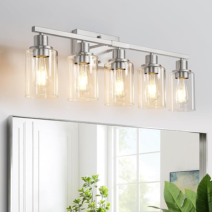 MOKATNG 5-Light Bathroom Light Fixtures, Vanity Light with Clear Glass Shades, Brushed Nickel Bathroom Light Fixtures Over Mirror, Modern Bathroom Wall Lamp for Mirror Living Room Cabinet Bedroom