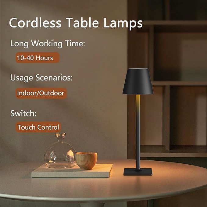 Fizrice 4 Pack Cordless Table Lamps, Portable Rechargeable Lamp, 6000mAh Battery Operated, 3 Color Dimmable LED Table Light for Restaurant/Bedroom/Outdoor Party/Camping/Cafe Night Light(Black)