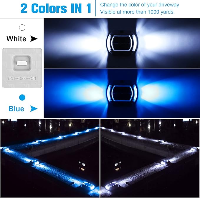 VOLISUN Solar Driveway Lights Dock Deck Lights 4-Pack,2 Colors in 1, LED Solar Powered Waterproof Outdoor Warning Step Light for Driveway Sidewalk Pathway (White/Blue),Auto On/Off
