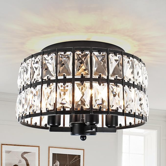 4-Light Crystal Flush Mount Ceiling Light, 11.2" Modern Chandelier, Black Ceiling Light Fixture for Kitchen, Bedroom, Hallway, Bathroom, Entryway, Closet, Dining Room