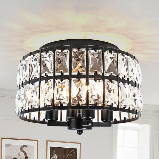 4-Light Crystal Flush Mount Ceiling Light, 11.2" Modern Chandelier, Black Ceiling Light Fixture for Kitchen, Bedroom, Hallway, Bathroom, Entryway, Closet, Dining Room